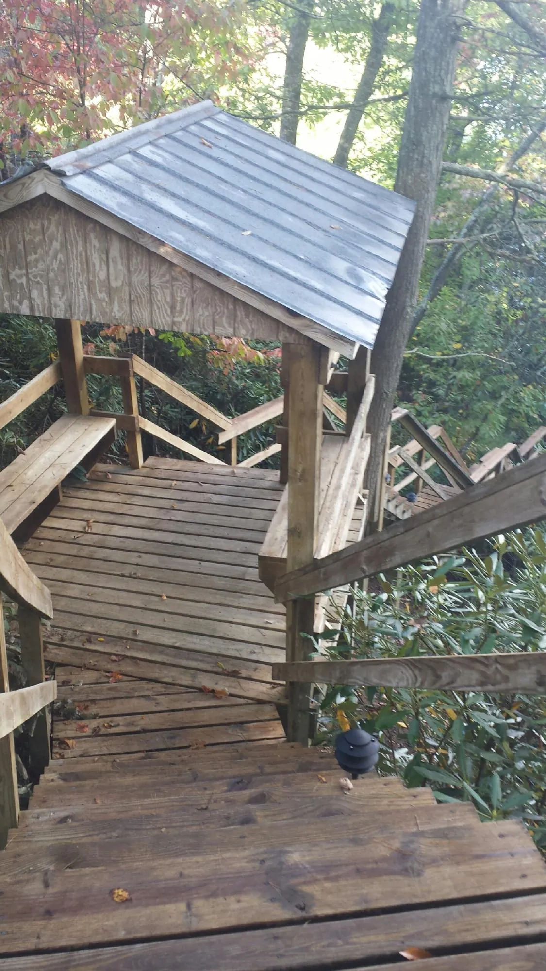 Metal roofed shelter over wooden steps on a wooded walkway — Skylight Repair & Installation work by our crew in Pinnacle